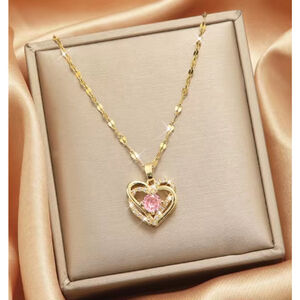 Gold Chain & Pink Cubic Zirconia Heart Pendant Necklace NWT